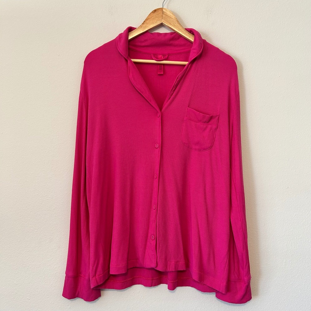 Skims Soft Sleep Long Sleeve Button Up Top Pink Fuchsia Modal Ribbed Shirt M